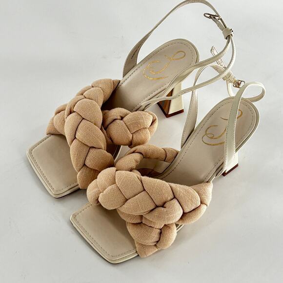 NWOT Sam Edelman Courtney Heeled Sandals 8.5 White Cream Braid Leather Square - Picture 11 of 11